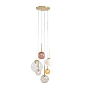 Lampa wisząca BOSSO 4 RING  MULTICOLOUR 1119K40_R oprawa w kolorze mosiądzu z kolorowymi kloszami ALDEX