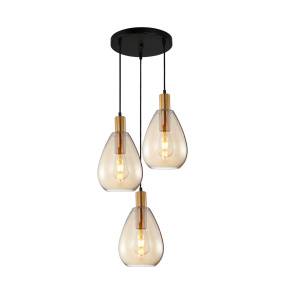 Lampa wisząca Zulo PND-27812-3A-BRO-AMB oprawa w kolorze czerni i mosiądzu z bursztynowymi kloszami ITALUX