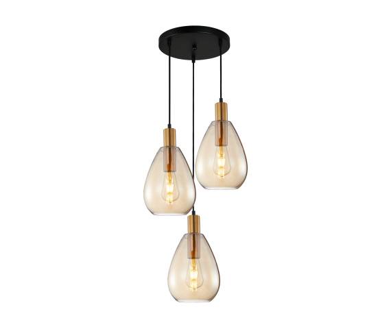 Lampa wisząca Zulo PND-27812-3A-BRO-AMB oprawa w kolorze czerni i mosiądzu z bursztynowymi kloszami ITALUX