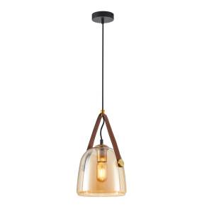 Lampa wisząca Solta PND-24342-1-BK-AMB oprawa w kolorze czarnym z bursztynowym kloszem i elementami mosiądzu i eko skóry ITALUX
