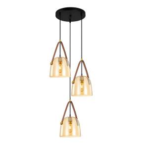 Lampa wisząca Solta PND-24342-3A-BK-AMB oprawa w kolorze czarnym z bursztynowymi kloszami i elementami mosiądzu i eko skóry ITALUX